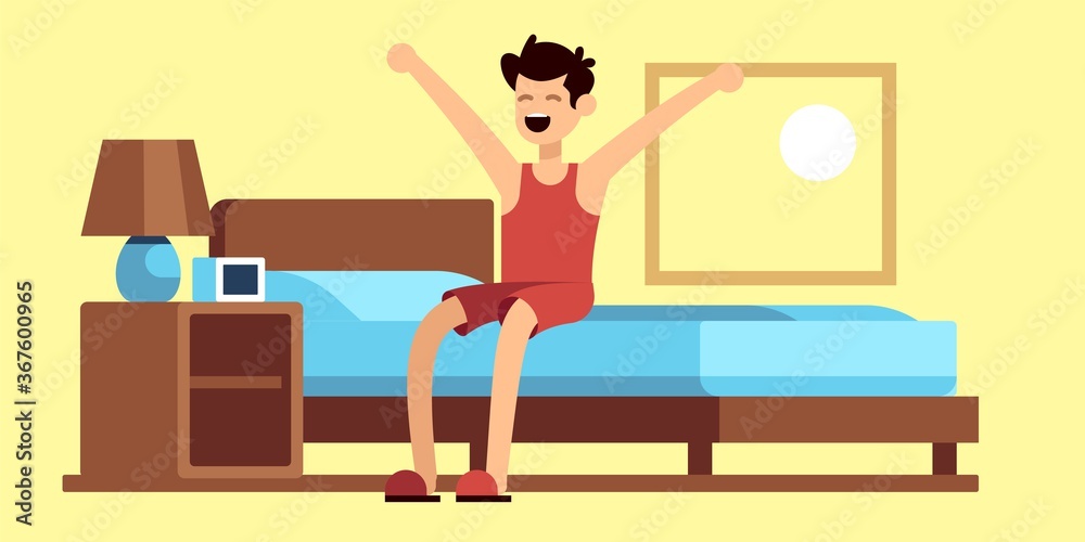 Man waking up. Male character getting out of bed in morning, indoors