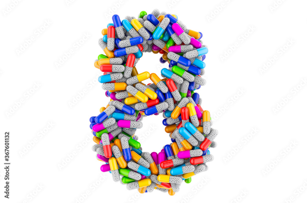 Number 8 from colored capsules. 3D rendering