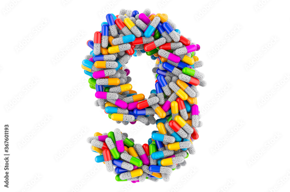 Number 9 from colored capsules. 3D rendering