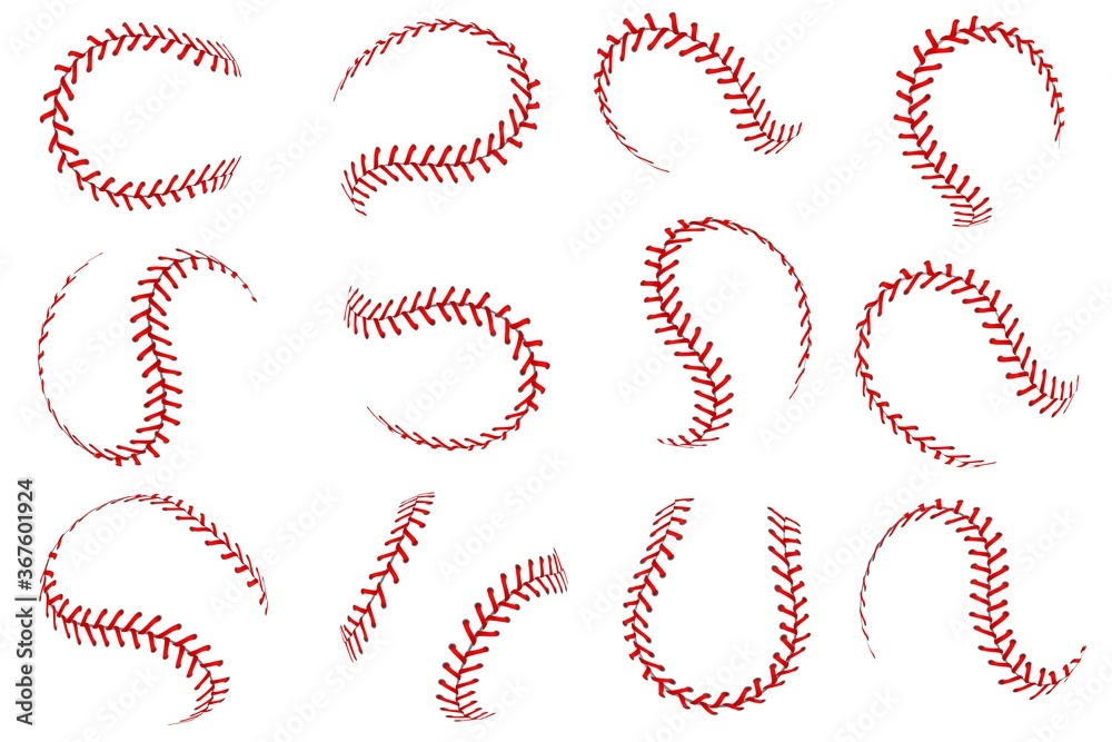 Baseball ball lace. Softball balls with red threads stitches graphic elements, spherical stroke lines leather sport equipment vector set Baseball ball lace. Softball balls with red threads stitches graphic elements, spherical stroke lines leather sport equipment vector set