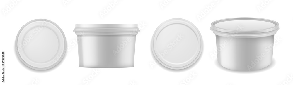 Yogurt package. Blank container for yoghurt, milk dessert product and jam, closed round box with curled foil. Plastic cup packaging 3d realistic vector mockups Yogurt package. Blank container for yoghurt, milk dessert product and jam, closed round box with curled foil. Plastic cup packaging 3d realistic vector mockups