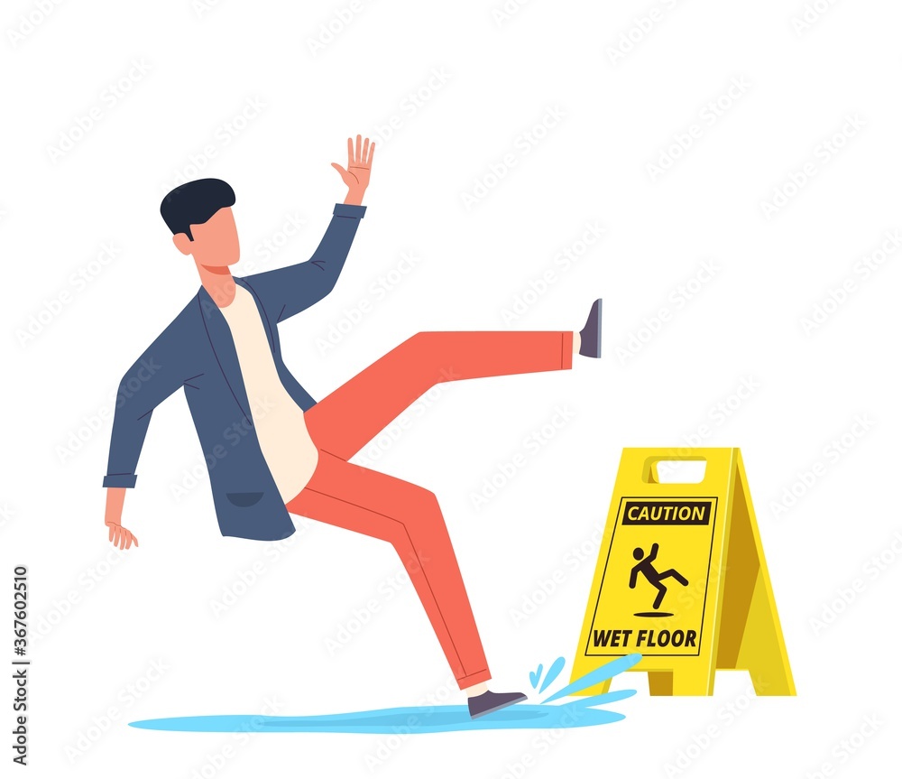 Vetor de Wet floor. Falling man slips in water, slipping and downfall