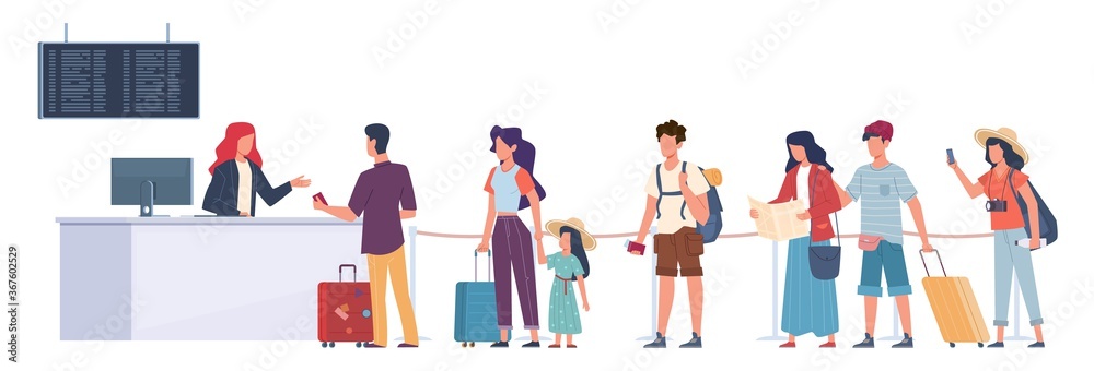 Tourists in queue. Air flight check, passengers registration in airport terminal, waiting departure travellers with luggage flat cartoon vector concept