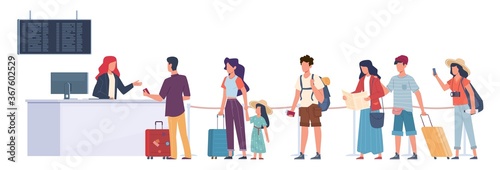 Tourists in queue. Air flight check, passengers registration in airport terminal, waiting departure travellers with luggage flat cartoon vector concept photo