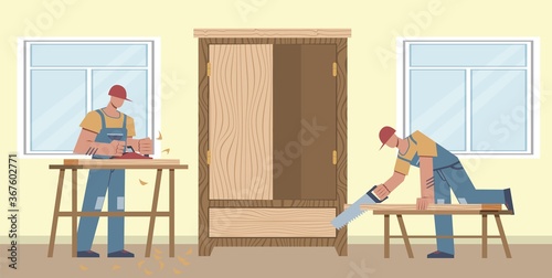 Work carpenter. Two workers sawing boards, making cabinet, home renovation and carpentry, work at house repairing, repairman flat vector cartoon characters