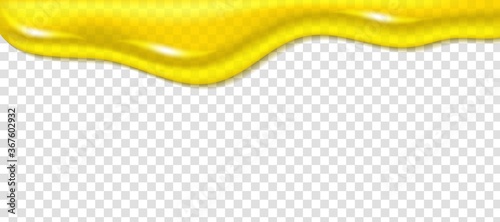 Realistic bee honey. Gold splash caramel butter syrup background, flowing glossy sweet liquid dessert glaze, colorful border, vector template isolated background