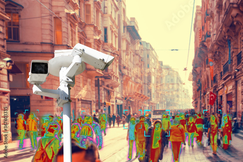 CCTV. Crowds of people walking down the street. Thermal imager filter. Concept of modern video surveillance technologies and secure © _KUBE_