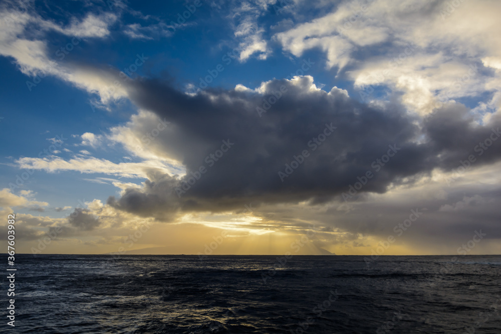 Bad weather seascape with cloudy sky and water wave.