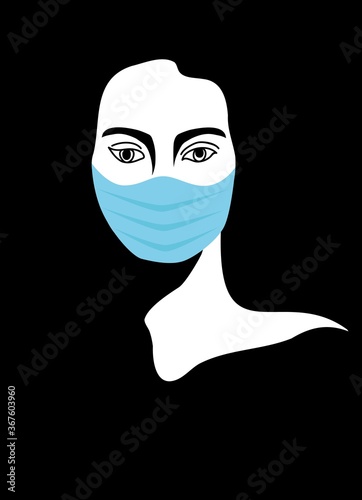 Vector illustration on the theme of coronavirus. Young woman in medical mask on a dark background. Minimal style, silhouette - line, spot. Blue white and black colour.
