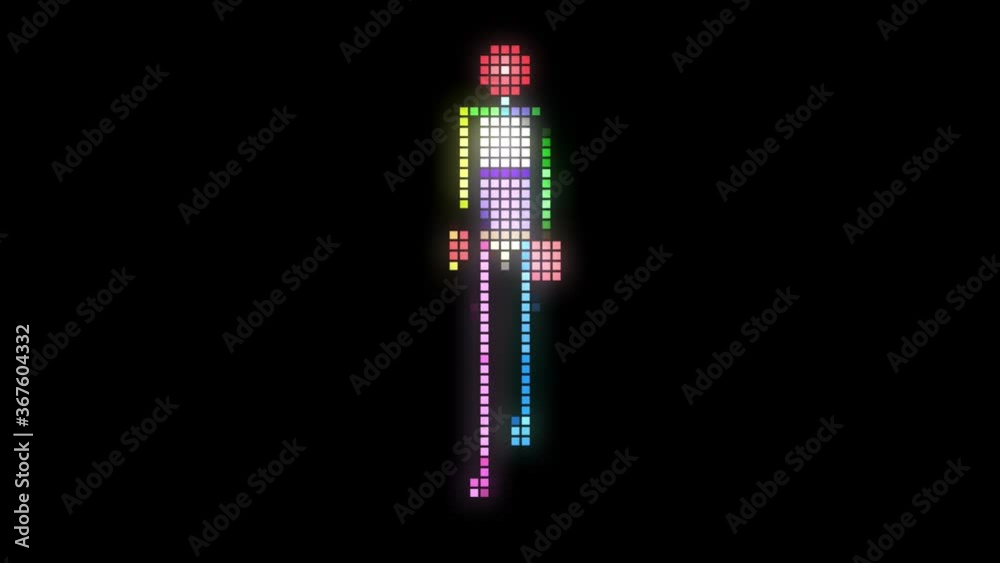 Old vintage style Pixelated computer gaming character walking. Front  walk . 3d animation rendering