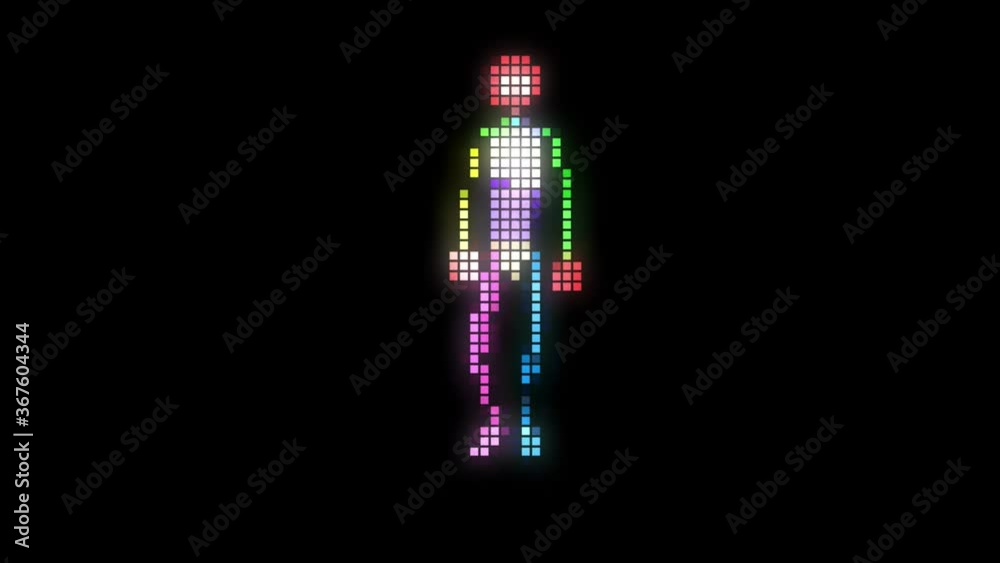 Old vintage style Pixelated computer gaming character walking. Front  walk . 3d animation rendering