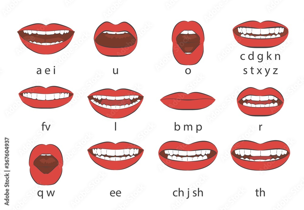 Mouth sync. Talking lips for cartoon character phonemes animation and  english language text pronunciation sound signs. Vector set Stock Vector |  Adobe Stock