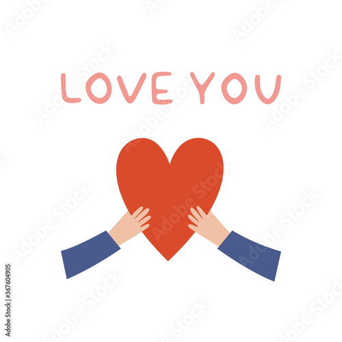 Hand drawn vector card with hands holding heart and love you phrase isolated on white background. Valentine’s day, romantic holiday, wedding and love vector illustration. Symbol of love and charity