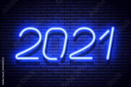 2021 New Year glowing blue neon signboard on brick wall. Vector illustration.