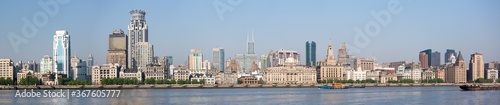 Shanghai  China - April 19  2018  Large panorama of the Bund. One of the landmarks of Shanghai with several historical buidlings and a long waterfront promenade.