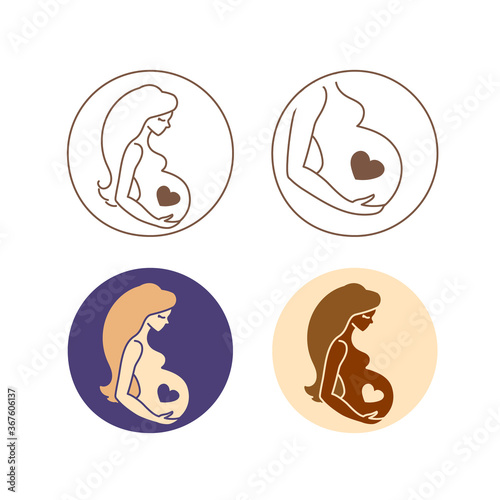 Vector flat line icon on pregnancy. Prenatal pregnant woman linear symbol.Fertility, gynecology, obstetrics and childbirth pictogram isolated. The expectant mother of the European and African American