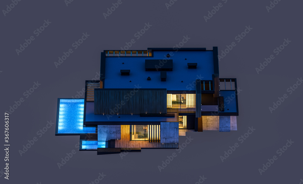 3d rendering of modern cozy house with parking and pool for sale or rent with wood plank facade in evening. Isolated on black 3d rendering of modern cozy house with parking and pool for sale or rent with wood plank facade in evening. Isolated on black