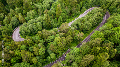 A winding road visible from the air, between green forests © Rafaila Gheorghita