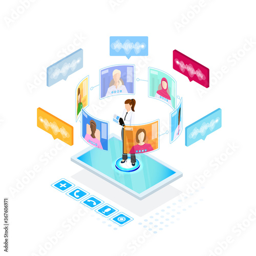 Isometric design. Vector illustration. Concept 3d, 2d graphics. Online chat. Digital world communication. Remote conference. Global video meeting. Online business meeting. Virtual group communication.