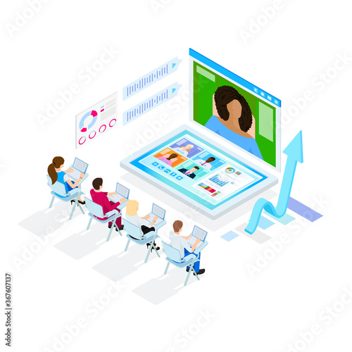 Isometric design. Vector illustration. Concept 3d, 2d graphics. Video chat. Online remote work form home. Digital video conference. Global communication. Online business meeting. Web infographics.