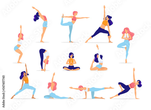 Woman activities. Set-2 of women doing sports, yoga, dancing, pilates, jumping, fitness. Sport women vector modern flat illustration isolated on white background in different poses - Vector