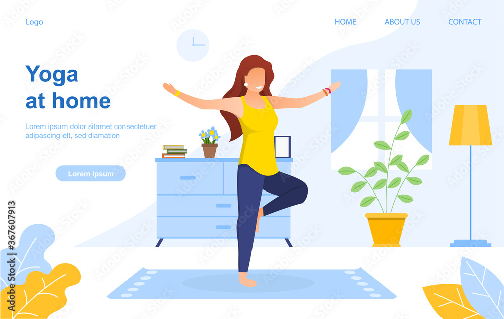 Woman doing yoga at home. Web page template. Flat vector illustration Woman doing yoga at home. Web page template. Flat vector illustration