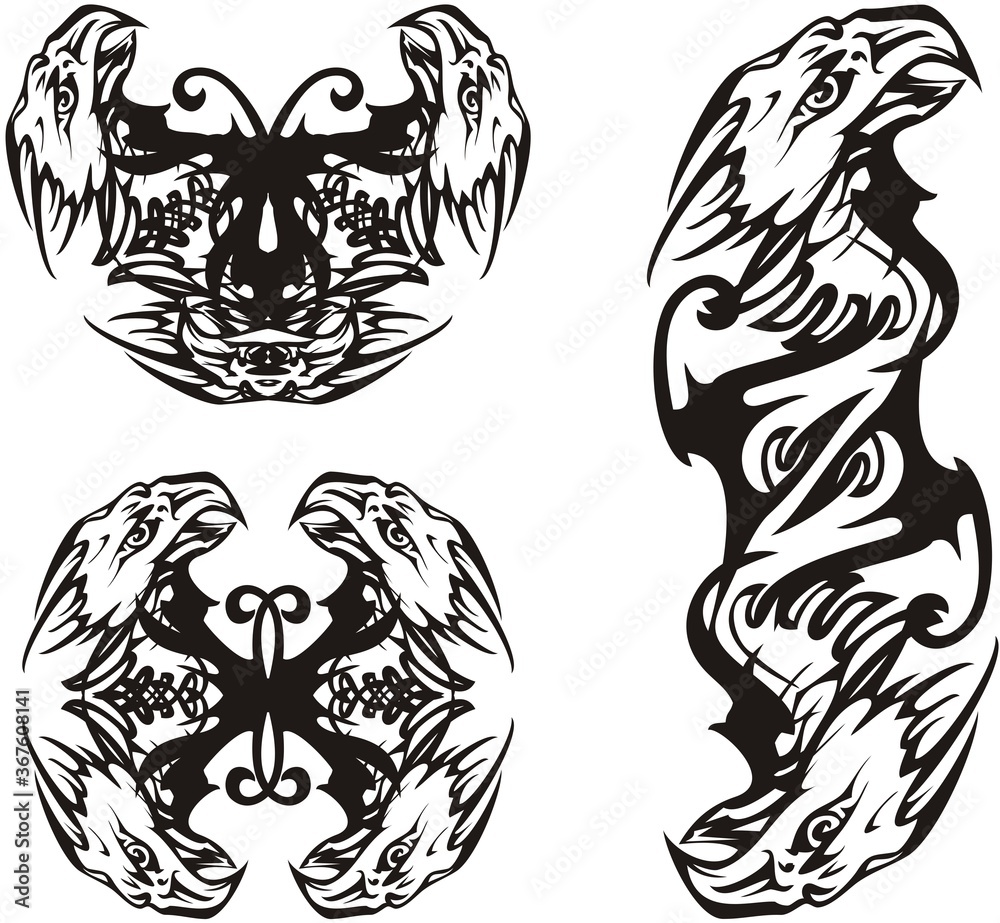 Tribal eagle symbols in black and white tones. Bald eagle symbols of power for emblems, tattoos, logos, embroidery, engraving, textiles, labels, prints on t-shirts, wallpaper, etc. Tribal eagle symbols in black and white tones. Bald eagle symbols of power for emblems, tattoos, logos, embroidery, engraving, textiles, labels, prints on t-shirts, wallpaper, etc.