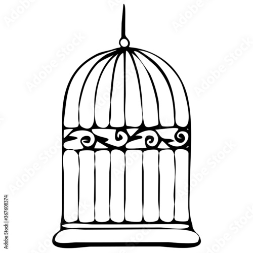 vector illustration, drawing in doodle style in black, bird cage, isolate on a white background