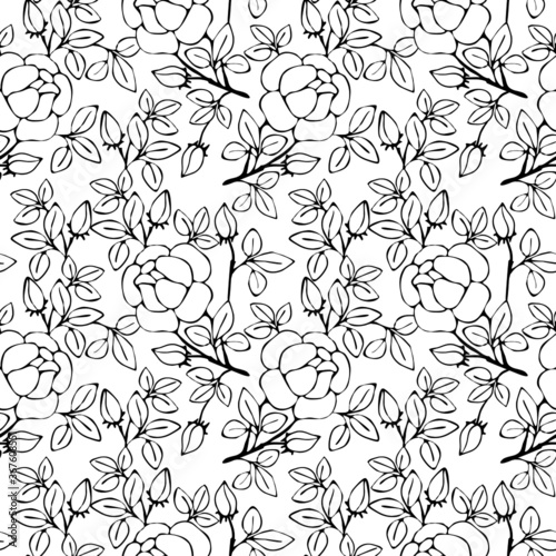 seamless pattern, silhouette of a rose in monochrome color, a vegetative ornament for wallpaper and fabric © Halyna