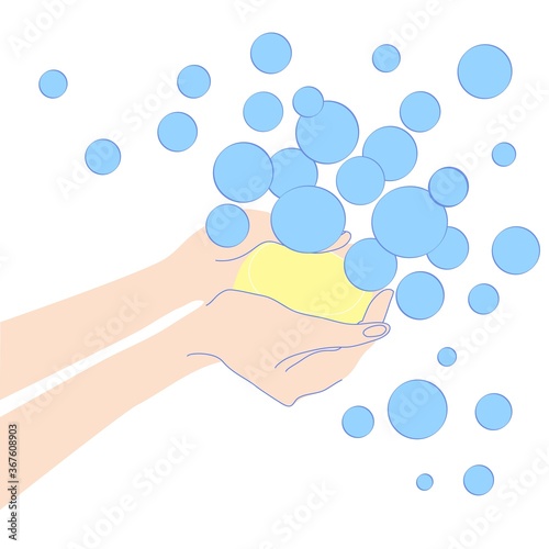 Vector illustration the process of washing hands with soap and soap bubbles. Illustration on the topic of coronavirus and the need to wash hands