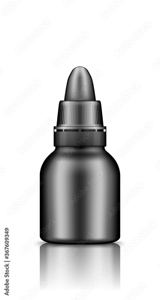 Black plastic drop bottle with lid mockup. Blank medicine or cosmetic package for eye, ear or nose drops. Product container template. Isolated 3d vector illustration Black plastic drop bottle with lid mockup. Blank medicine or cosmetic package for eye, ear or nose drops. Product container template. Isolated 3d vector illustration