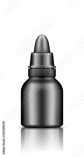 Black plastic drop bottle with lid mockup. Blank medicine or cosmetic package for eye, ear or nose drops. Product container template. Isolated 3d vector illustration