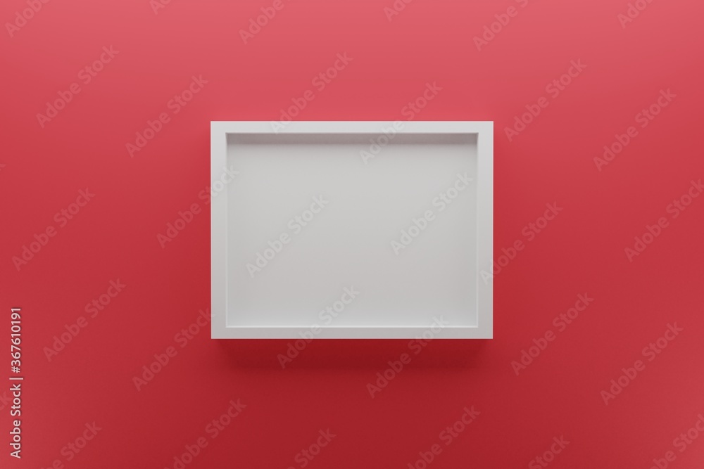 front view of empty white picture frame on red wall, minimal design concept, realistic 3d render