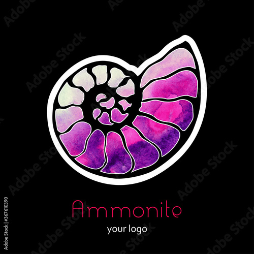 Fossil ammonite nautilus seashell vector logo. Watercolor rainbow pink white purple hand drawn illustration spa salon seafood cafe restaurant corporate identity Isolated vector ancient ammonite fossil