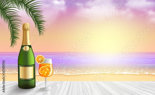 Romantic sunset vector background with a champagne bottle mockup and a glass of aperol spritz cocktail