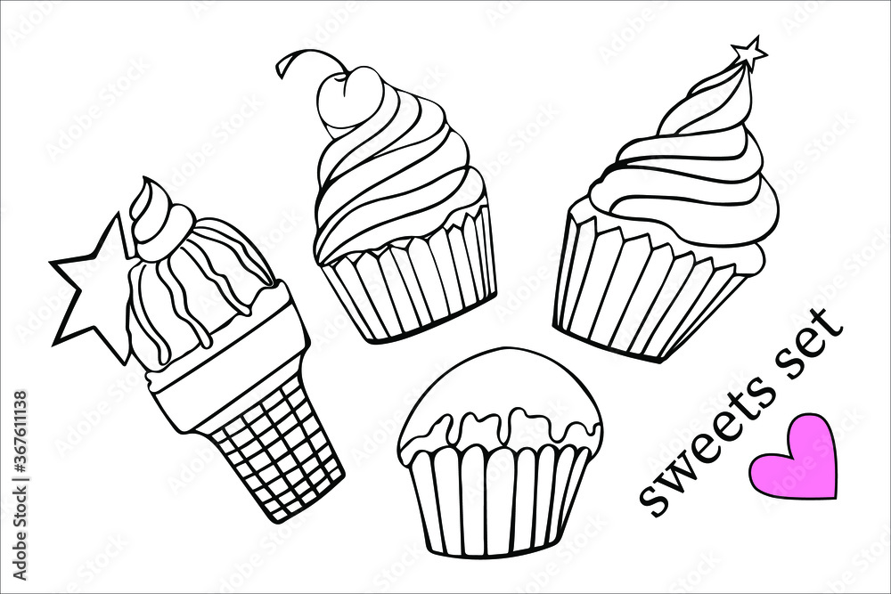 hand drawn cupcakes and icecream doodle black and white set 