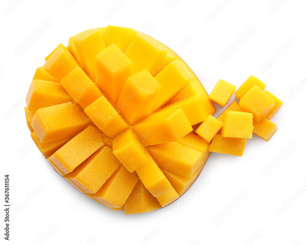 Cut ripe mango isolated on white, top view. Exotic fruit Cut ripe mango isolated on white, top view. Exotic fruit