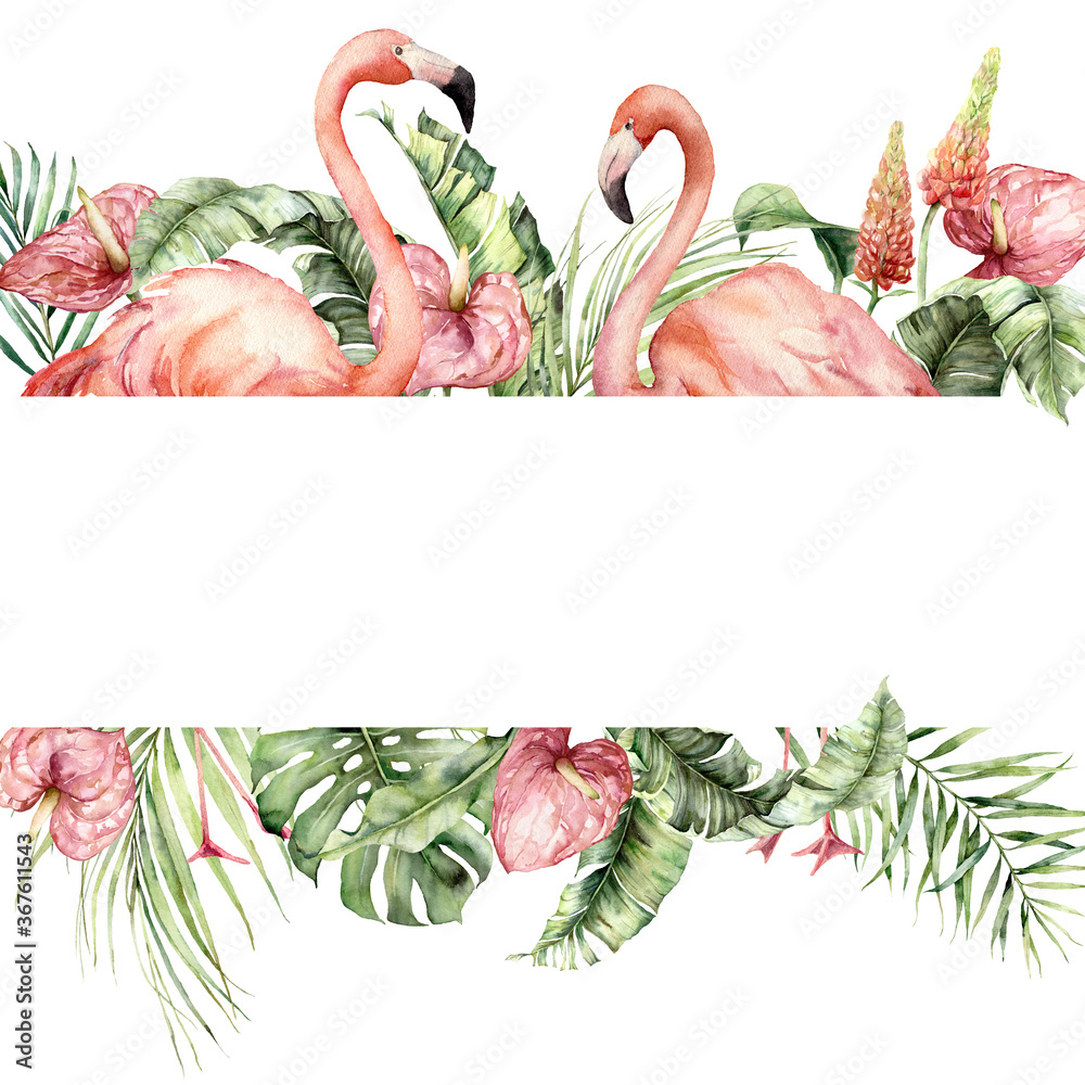 Watercolor tropical border with pink flamingo, lupine, monstera and