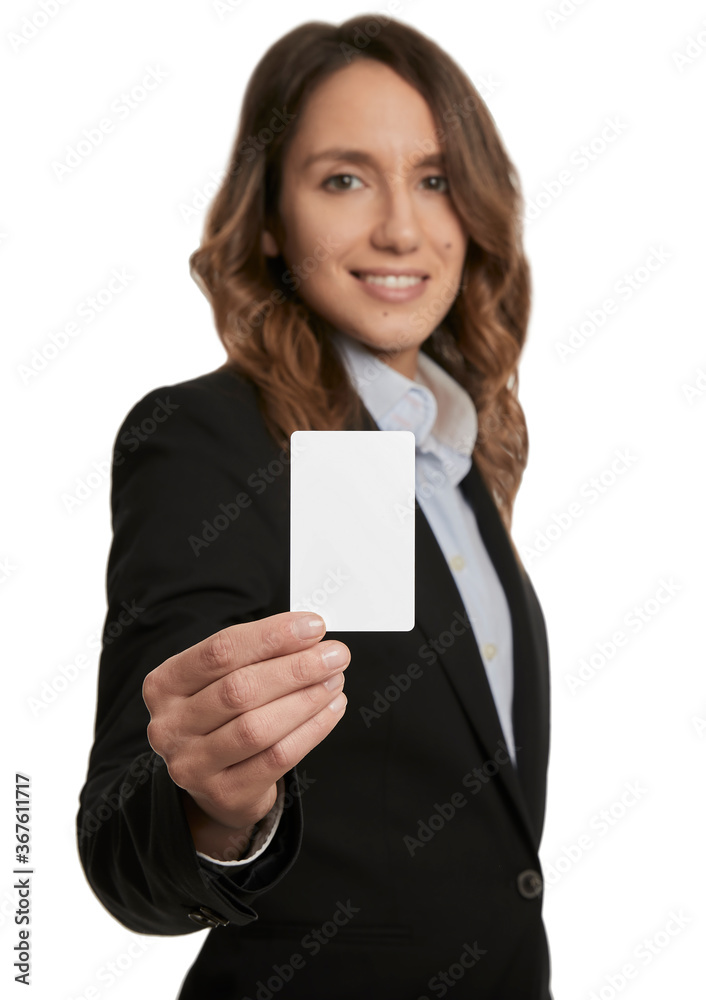 Beautiful female business woman showing a mockup card for advertising - isolated in white background Beautiful female business woman showing a mockup card for advertising - isolated in white background