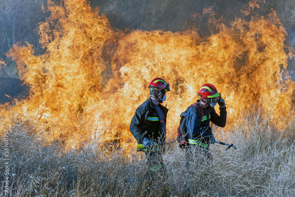Firefighters try to put out the fire