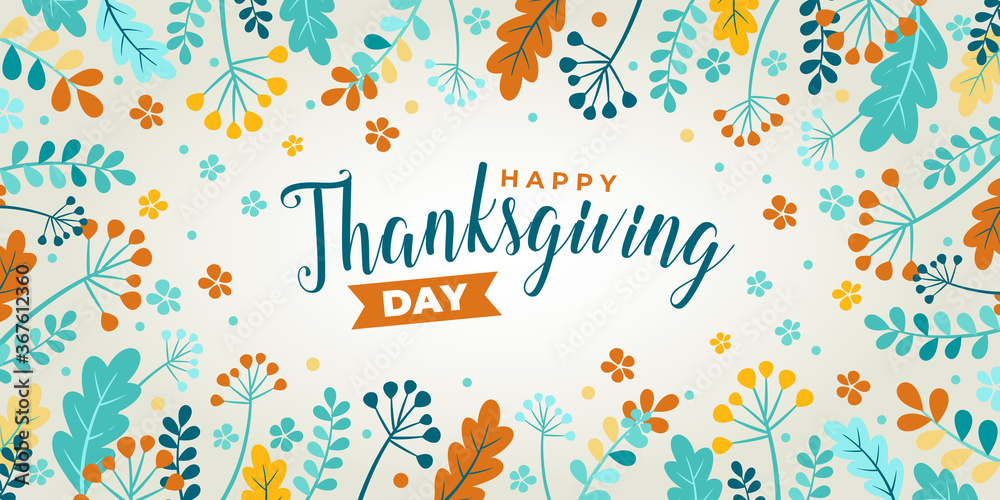 Happy thanksgiving day. Vector banner, greeting card, background with text of Happy thanksgiving. Vignette, frame Emblem with autumn leaves and berries. The leaves of oak, ash, green, and orange.