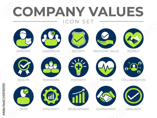 Company Core Values Round Icon Set. Integrity, Leadership, Security, Providing Value, Respect, Quality, Teamwork, Positivity, Passion, Collaboration, Trust, Efficiency,  Commitment, Genuinity Icons.