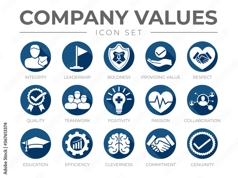 Business Company Values Flat Round Icon Set. Integrity, Leadership, Boldness, Value, Respect, Quality, Teamwork, Positivity, Passion, Education, Efficiency, Cleverness, Commitment, Genuinity Icons