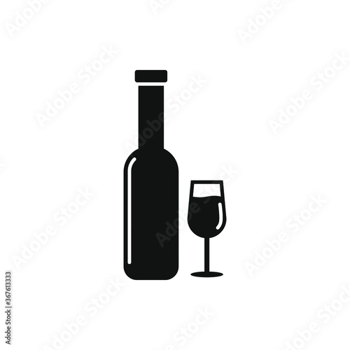 Glass and bottle flat design. Wine icon isolated on white background. Vector illustration