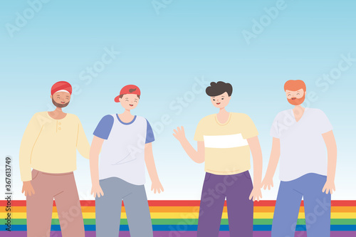 LGBTQ community, young group men rainbow flag celebration, gay parade sexual discrimination protest