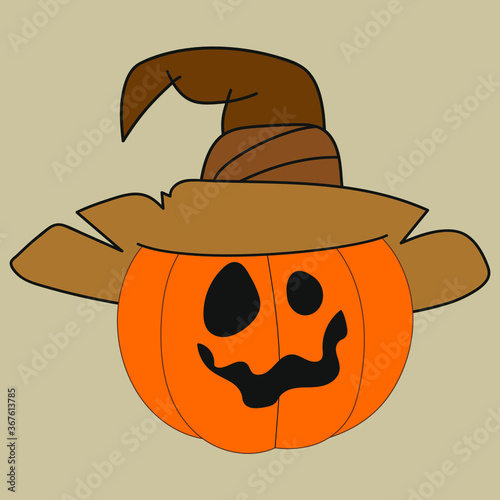 Pumpkin with a scary face in a hat