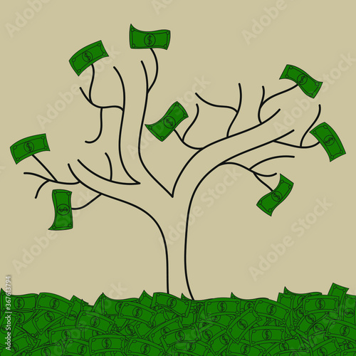 Money tree with money falling to the ground
