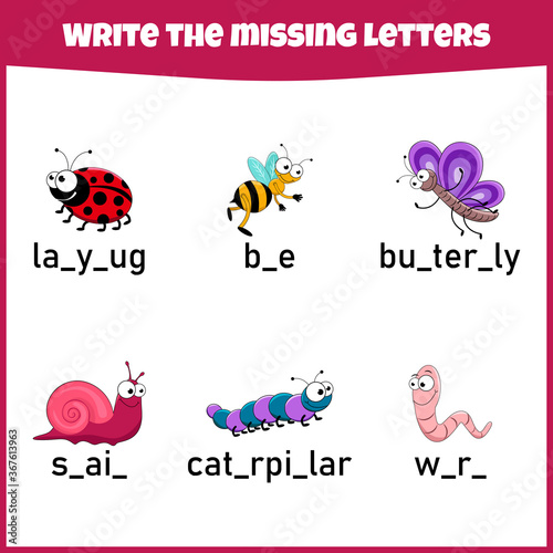 Write the missing letter. Worksheet for education. Fill in the missing letter. Mini-game for children.