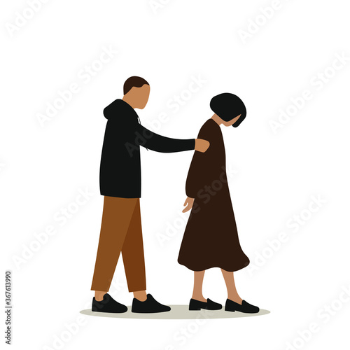 Male character touches a female character with a hand