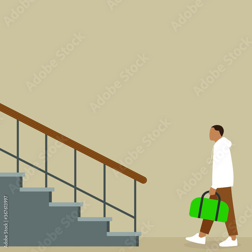 Male character with a sports bag goes to the stairs